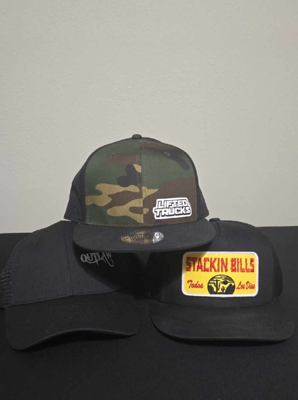 (3) Trucker Hats Lifed Trucks, Stacking Bills, Outlaw